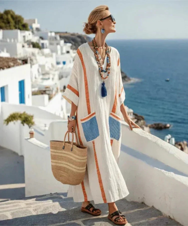 Linen Kaftan Maxi Dress – Striped V-Neck Casual Dress | Meave & Ivy