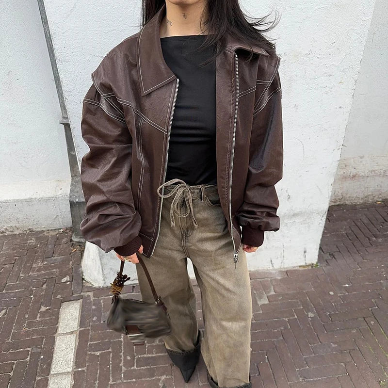 Oversized Faux Leather Jacket with Seam Details – Edgy Statement Jacket