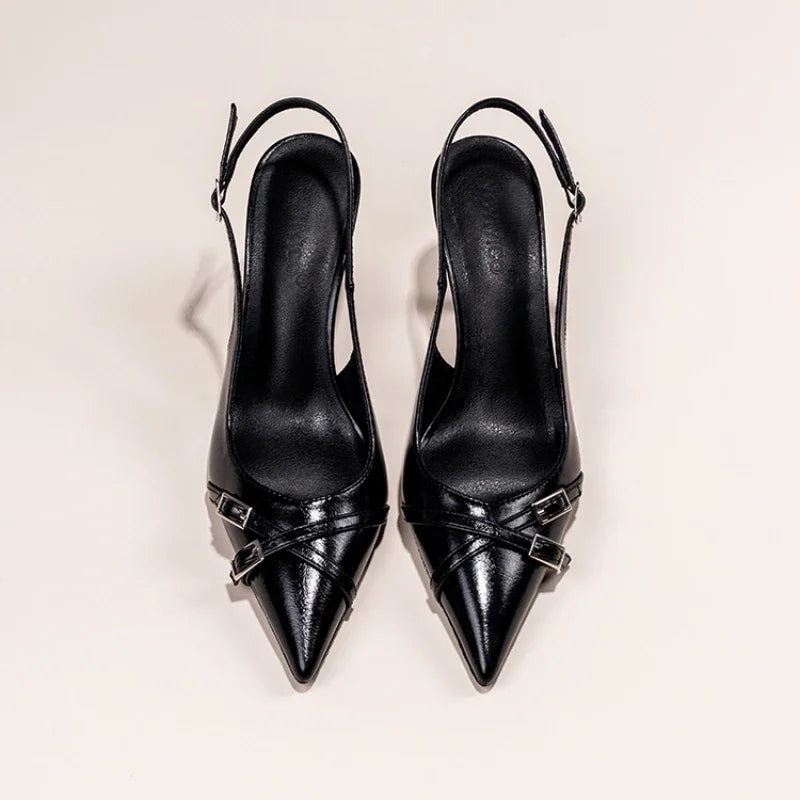 Black Pointed Stiletto Court Shoe – Buckle Strap Heel | Meave & Ivy