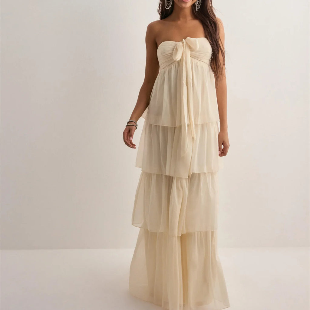 Strapless Summer Dress with Layered Skirt & Adjustable Bow – Chiffon Look Sundress
