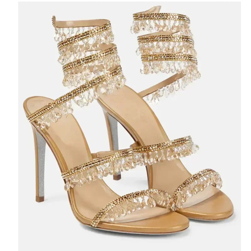 Crystal Wrap Heels – Sandals with Wraparound Ankle Strap & Rhinestones