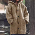 Women's Chunky Knit Hooded Cardigan with Oversized Collar and Large Button
