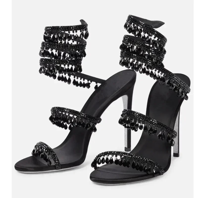 Crystal Wrap Heels – Sandals with Wraparound Ankle Strap & Rhinestones