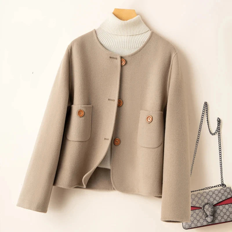 Women's Elegant Cropped Wool Blend Jacket with Round Neck and Button Front
