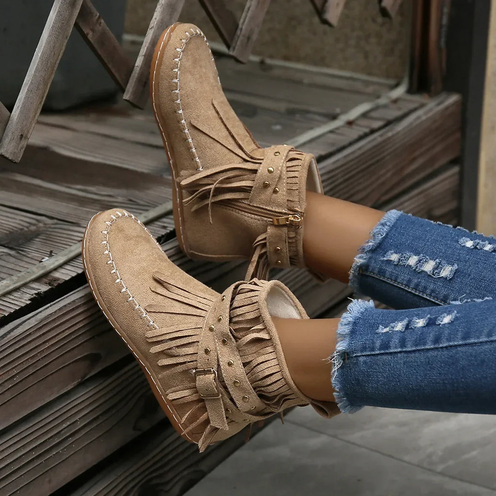 Suede Look Ankle Boots with Fringe & Studs – Western Boho Boots