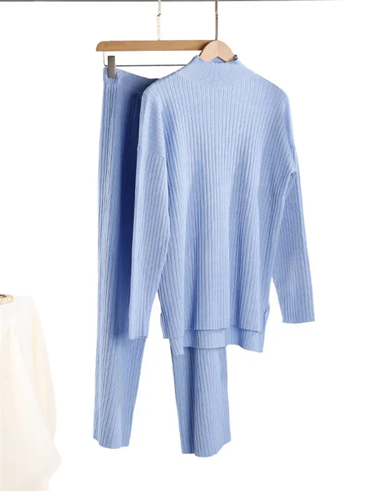 Women's High-Neck Knit Co-Ord Set – Relaxed Longline Pullover