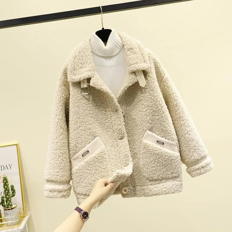 Women's Oversized Teddy Jacket with Buckle Collar and Contrast Pocket Trim