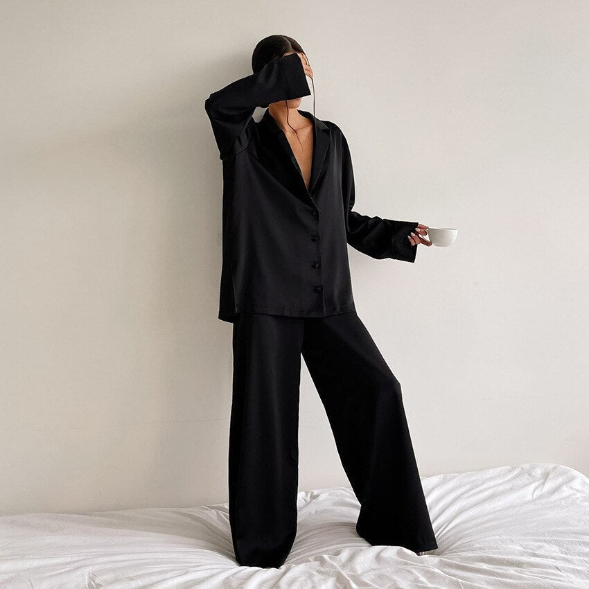 Satin Pyjama Set – Women's Luxury Long Sleeve Button-Up PJ Set