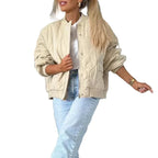 Women's Quilted Bomber Jacket with Ribbed Collar and Elasticated Cuffs