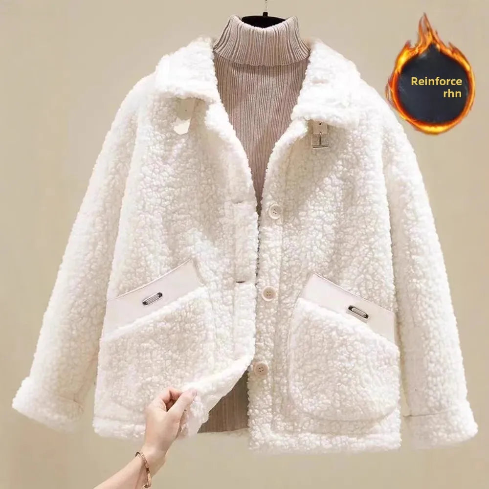 Women's Oversized Teddy Jacket with Buckle Collar and Contrast Pocket Trim