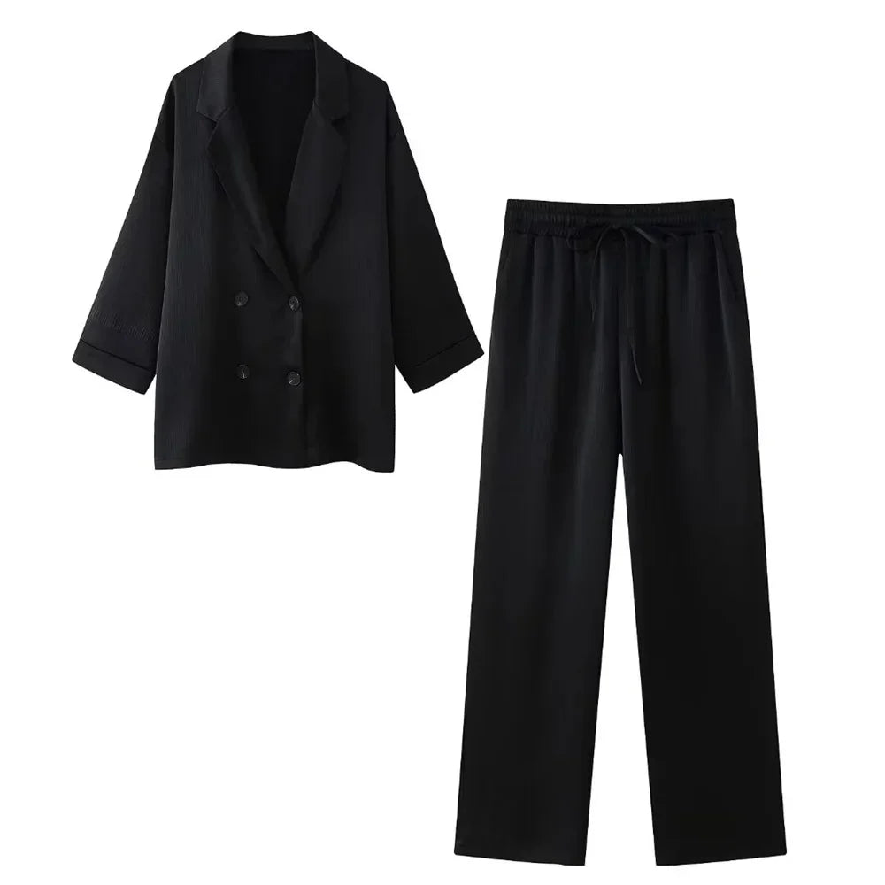 Women's Double-Breasted Blazer and Wide-Leg Trousers Set