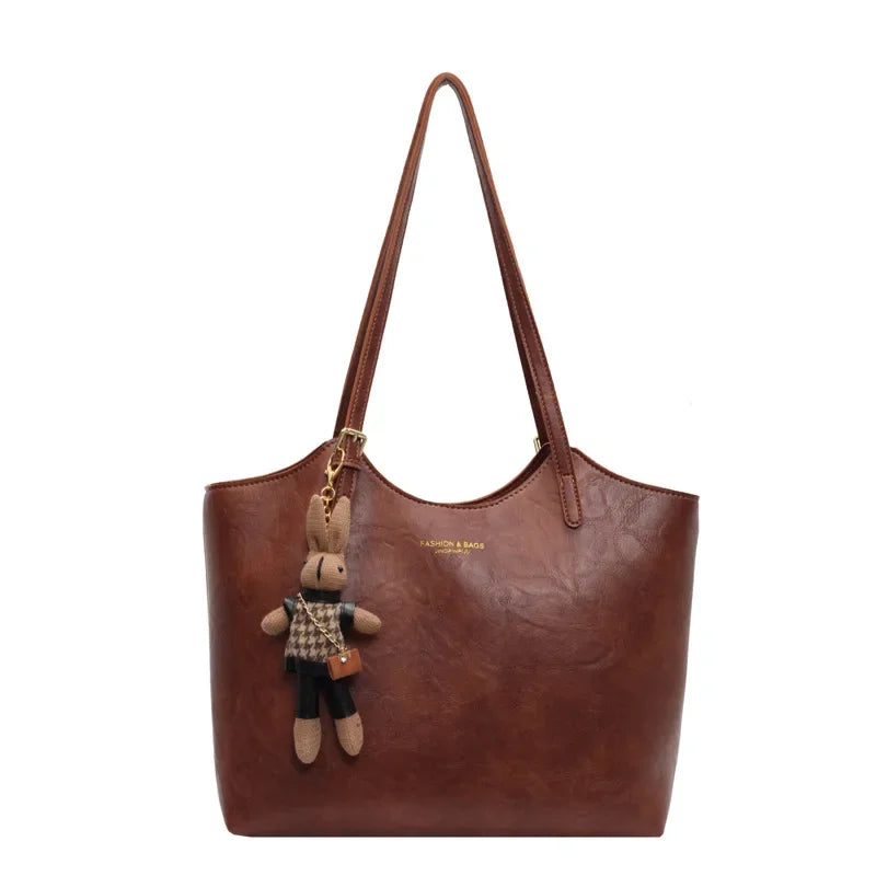 Vintage Style Vegan Leather Tote – Women's Shoulder Bag with Charm