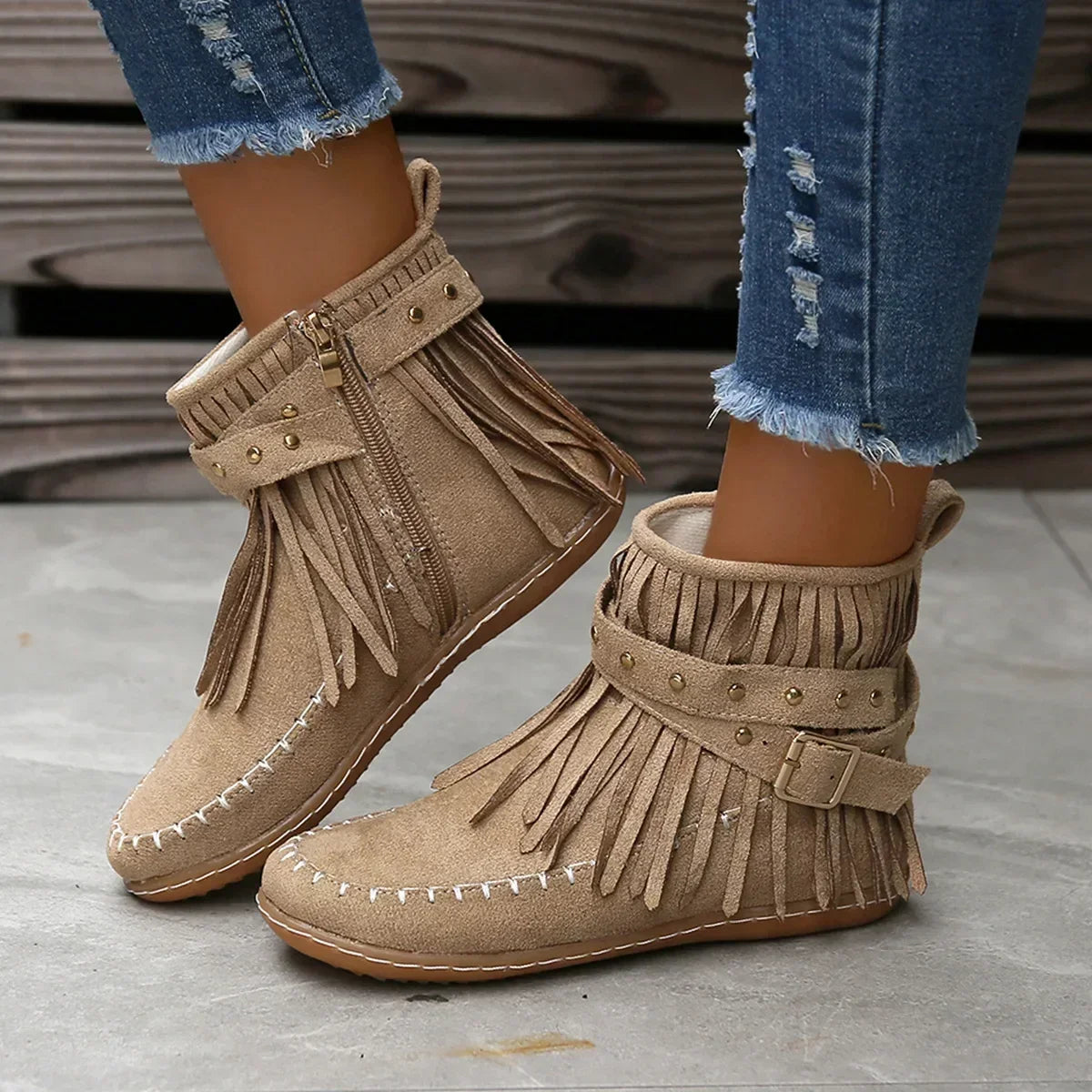 Suede Look Ankle Boots with Fringe & Studs – Western Boho Boots