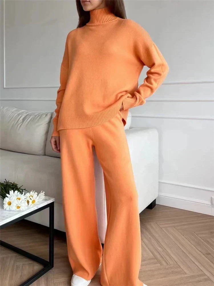 Women's High-Neck Knit Co-Ord Set – Relaxed Longline Pullover