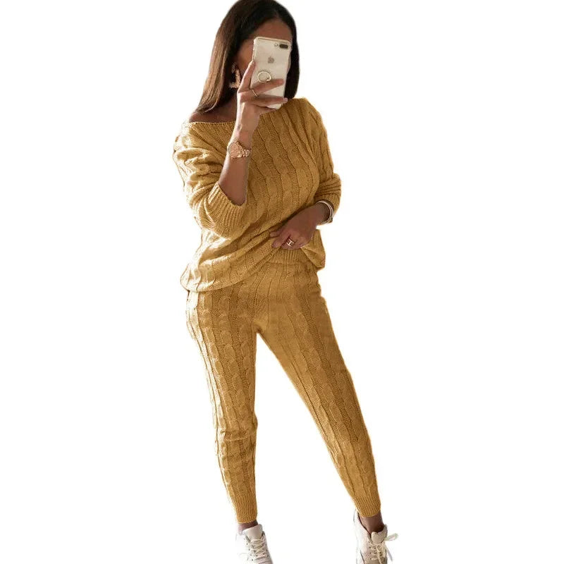 Women's Cable Knit Jumper and Jogger Set with Wide Neckline