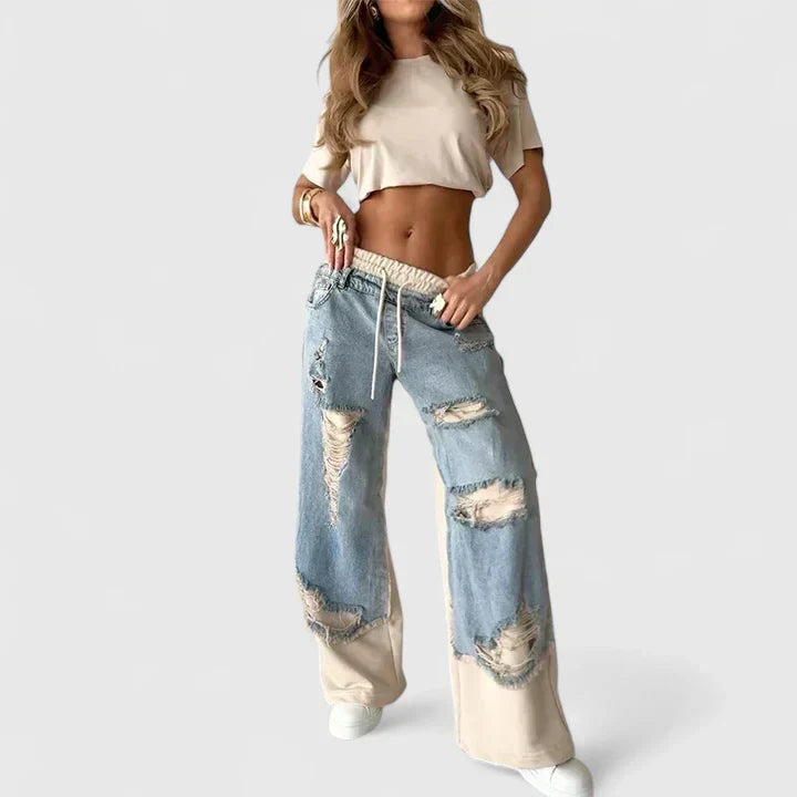 Women's Distressed Patchwork Wide Leg Denim Jeans with Elastic Drawstring