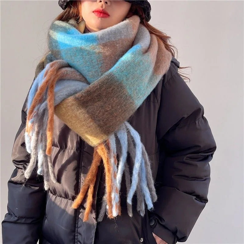 Checked Winter Scarf with Fringes – Oversized Blanket Scarf