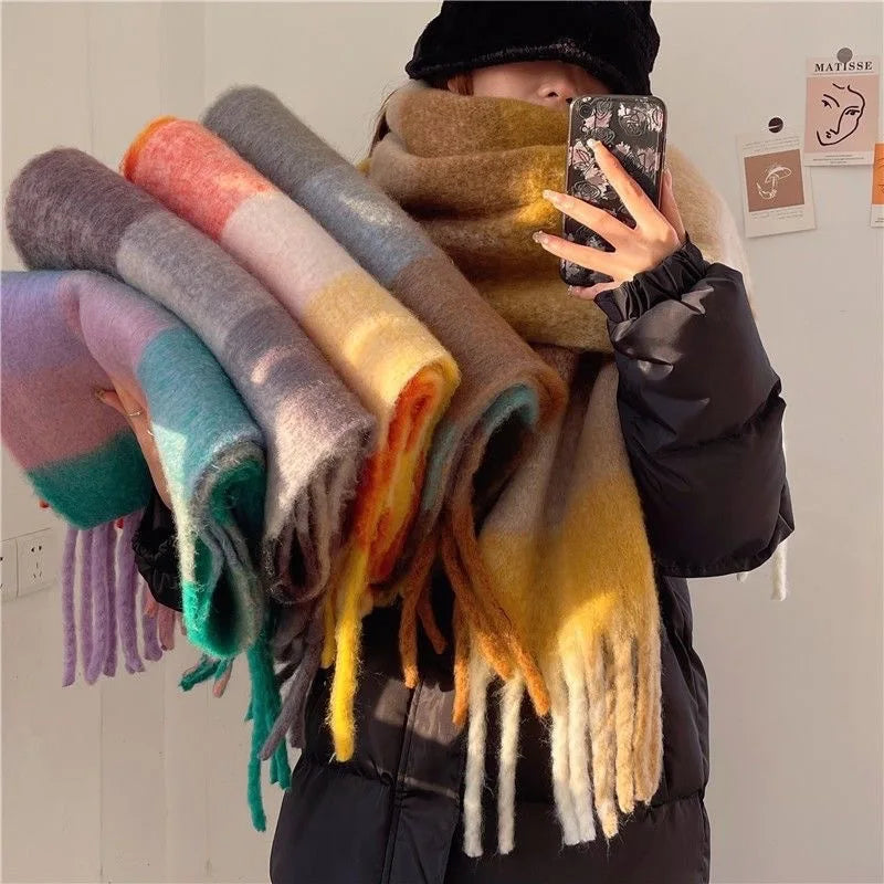 Checked Winter Scarf with Fringes – Oversized Blanket Scarf