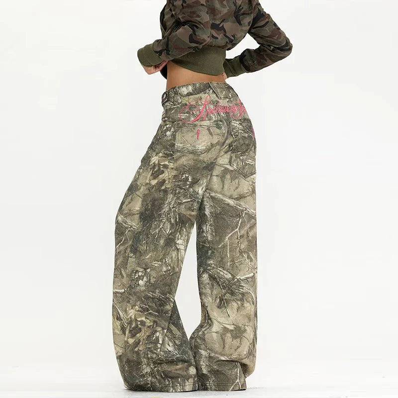 Camo Wide Leg Jeans with Pink Embroidery – Statement Streetwear Jeans