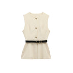 Gold Button Longline Waistcoat – Belted Statement Vest | Meave & Ivy