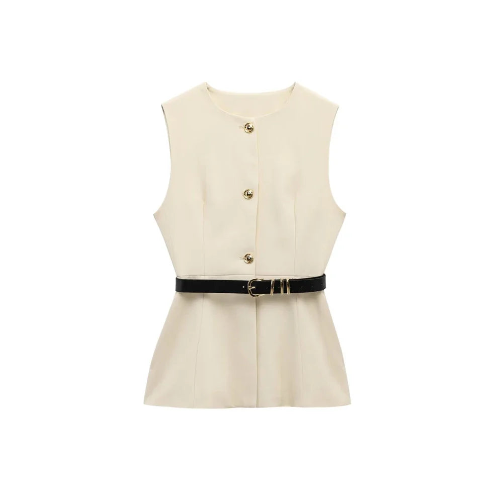 Gold Button Longline Waistcoat – Belted Statement Vest | Meave & Ivy