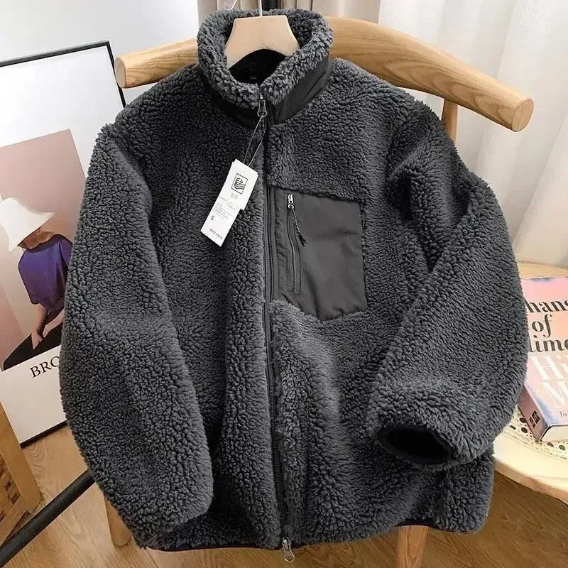 Teddy Coat with High Collar & Zip Pocket – Minimalist Warm Teddy Jacket