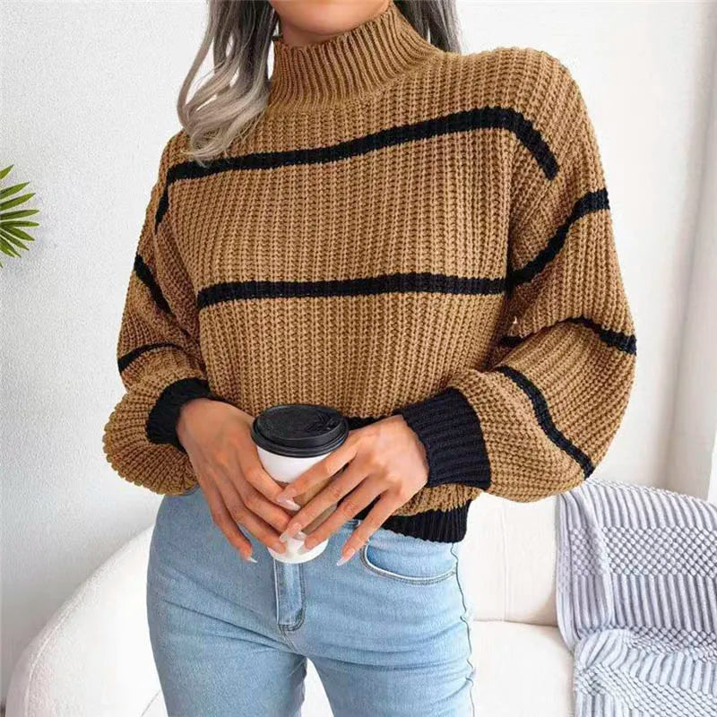 Women's Striped Knitted Sweater with Ribbed High Neck and Contrast Cuffs
