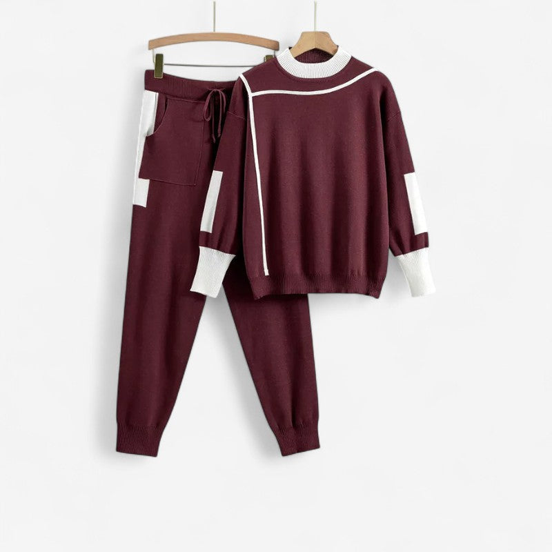 Women's Contrast Trim Long-Sleeve Top and Drawstring Trousers Set