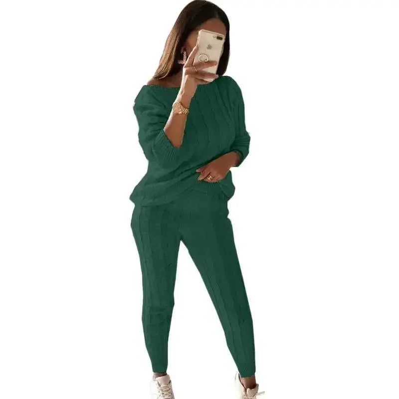 Women's Cable Knit Jumper and Jogger Set with Wide Neckline