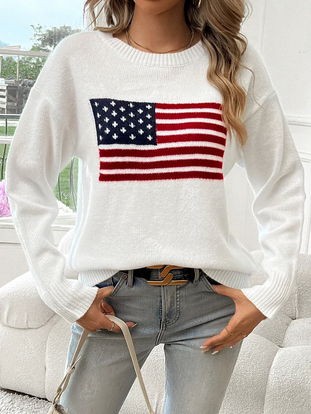Women's American Flag Knitted Sweater – Relaxed Crew-Neck Long-Sleeve Style