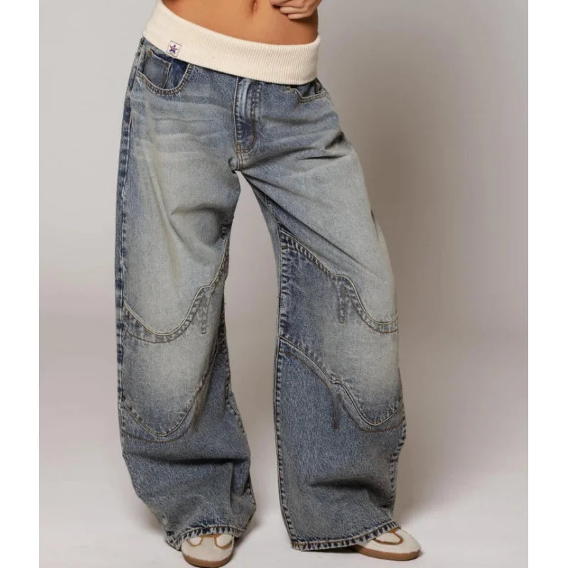 Women's Baggy Wide Leg Jeans with Rib Waistband – Streetstyle Jeans