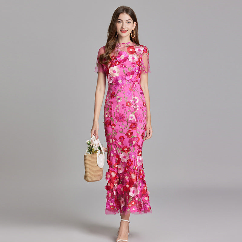 3D Floral Appliqué Wedding Guest Midi Dress