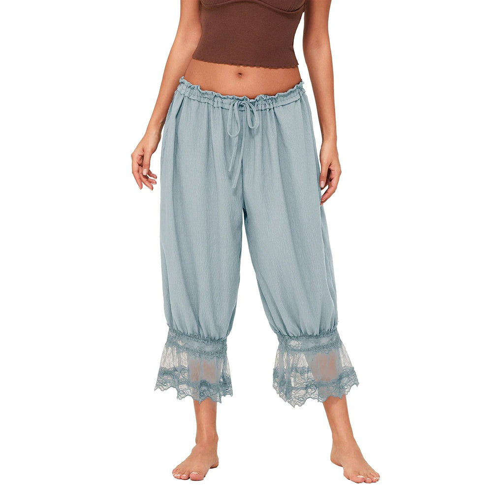 Lace-Patchwork Cropped Bloomers with Drawstring Waist