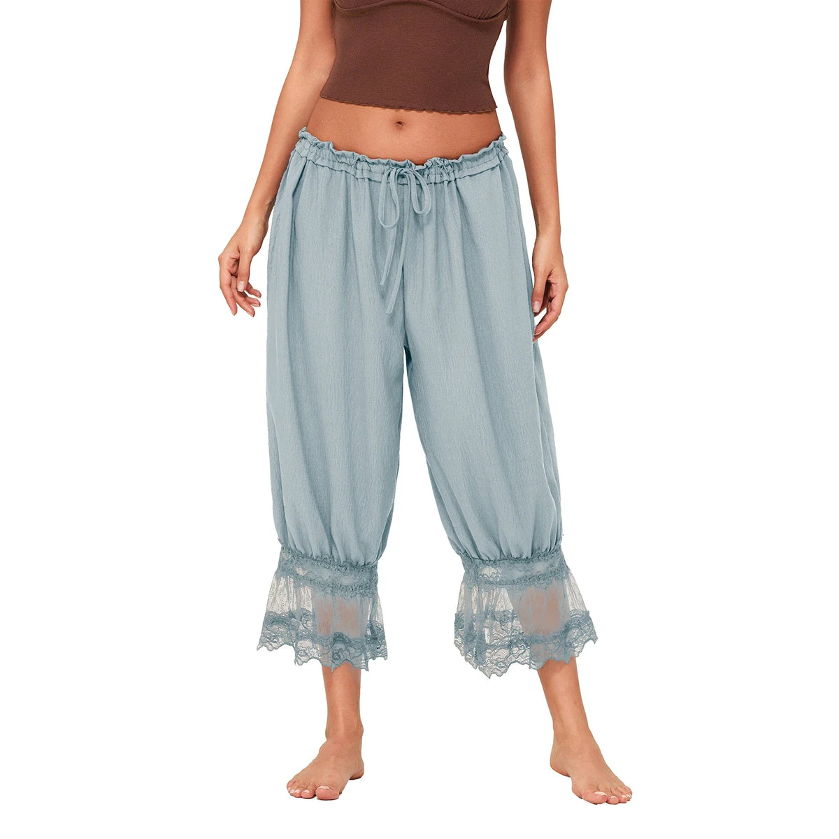 Lace-Patchwork Cropped Bloomers with Drawstring Waist