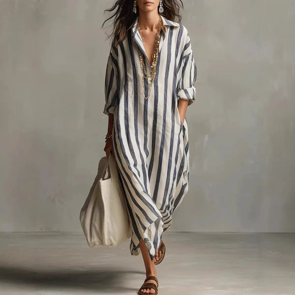 Striped Maxi Dress with Relaxed Fit – Vertical Stripe Summer Dress