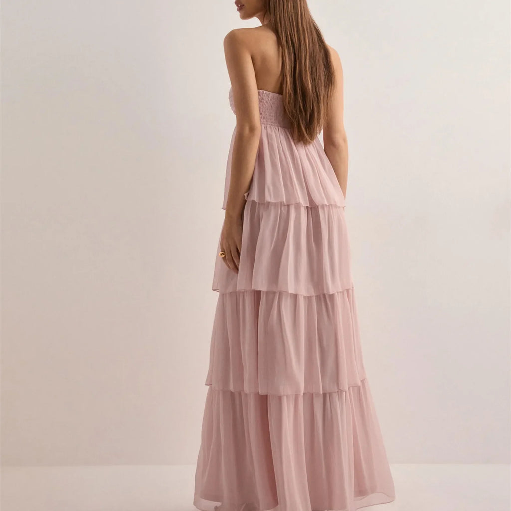 Strapless Summer Dress with Layered Skirt & Adjustable Bow – Chiffon Look Sundress