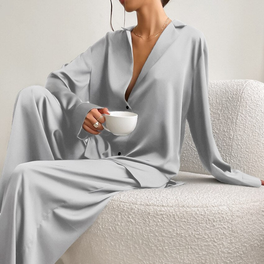 Satin Pyjama Set – Women's Luxury Long Sleeve Button-Up PJ Set