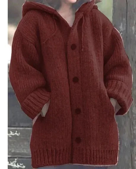 Women's Chunky Knit Hooded Cardigan with Oversized Collar and Large Button