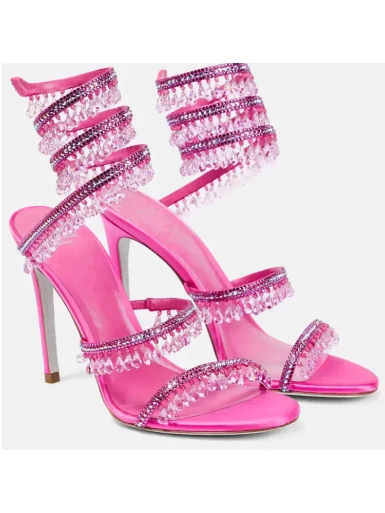 Crystal Wrap Heels – Sandals with Wraparound Ankle Strap & Rhinestones