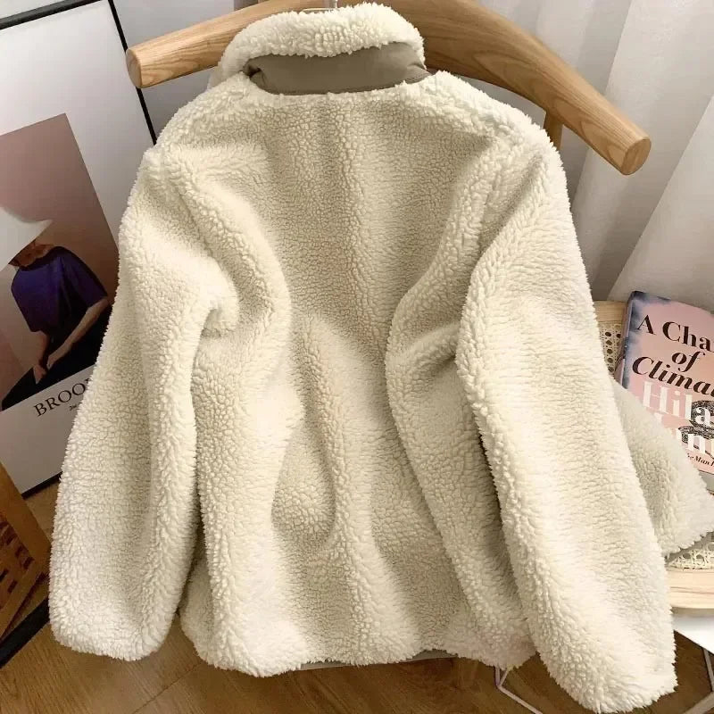 Teddy Coat with High Collar & Zip Pocket – Minimalist Warm Teddy Jacket