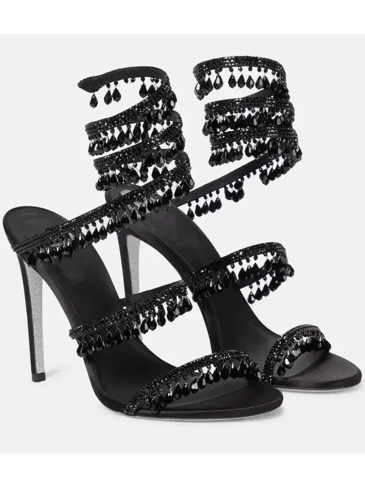 Crystal Wrap Heels – Sandals with Wraparound Ankle Strap & Rhinestones