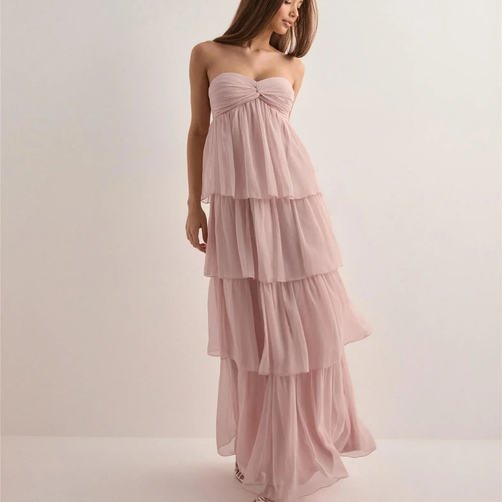 Strapless Summer Dress with Layered Skirt & Adjustable Bow – Chiffon Look Sundress