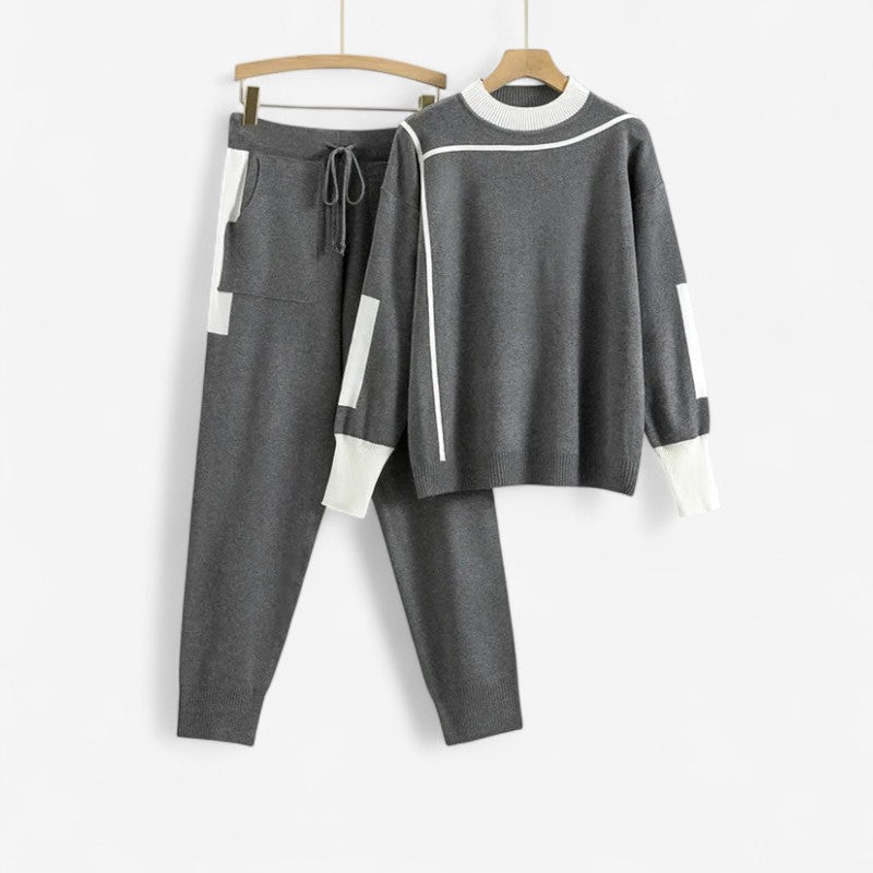 Women's Contrast Trim Long-Sleeve Top and Drawstring Trousers Set