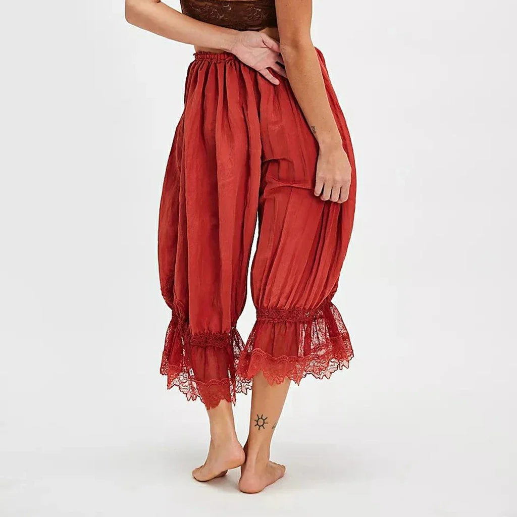Lace-Patchwork Cropped Bloomers with Drawstring Waist