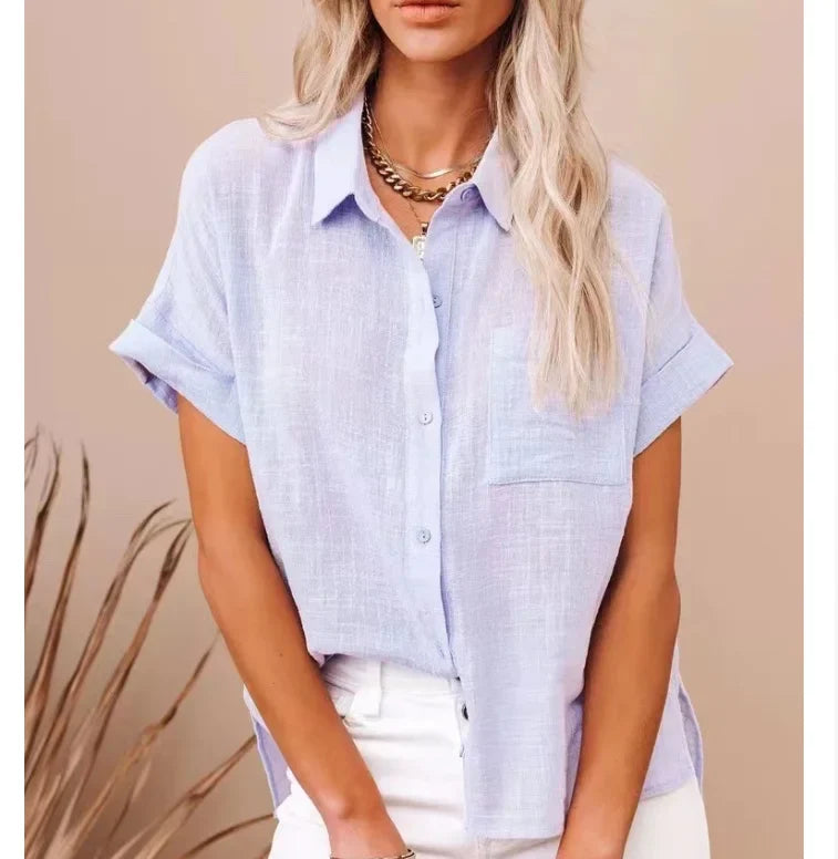 Cotton-Linen Button-Up Blouse – Short Sleeve Prints