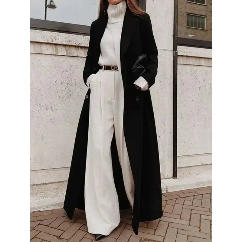 Women's Elegant Double-Breasted Longline Coat with Wide Notch Lapels