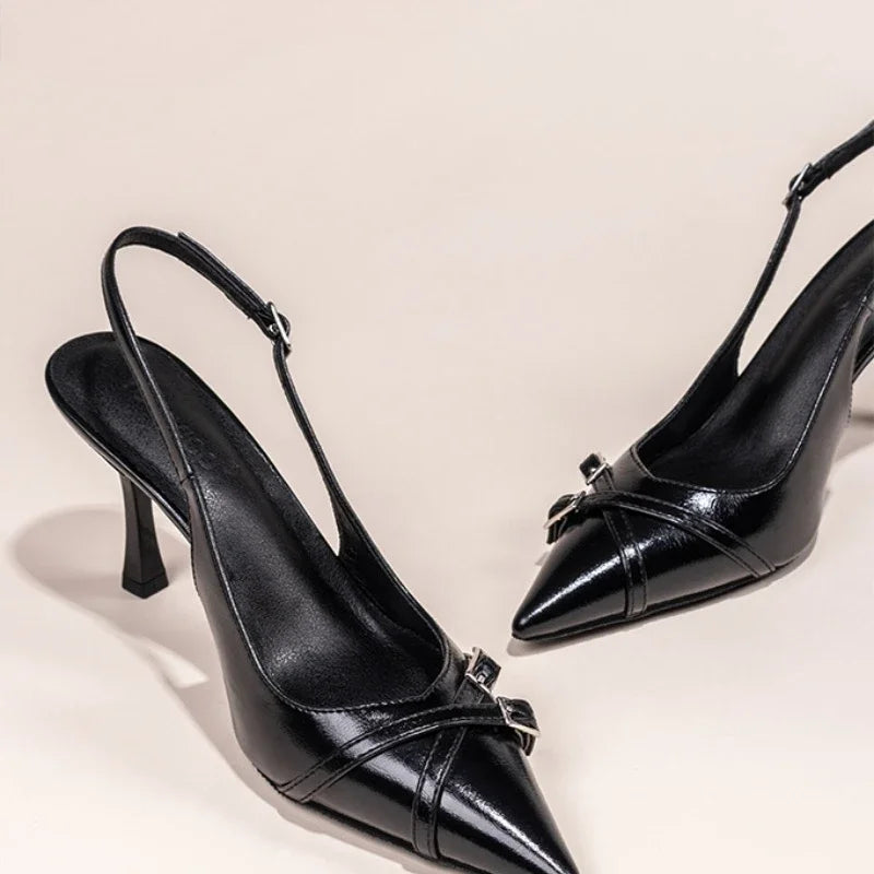 Black Pointed Stiletto Court Shoe – Buckle Strap Heel | Meave & Ivy