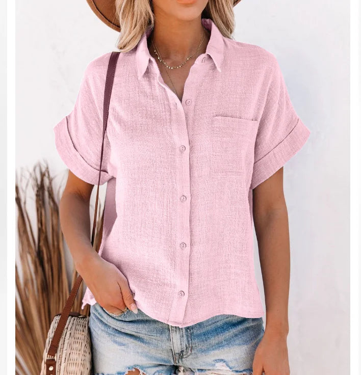 Cotton-Linen Button-Up Blouse – Short Sleeve Prints