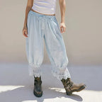 Lace-Patchwork Cropped Bloomers with Drawstring Waist