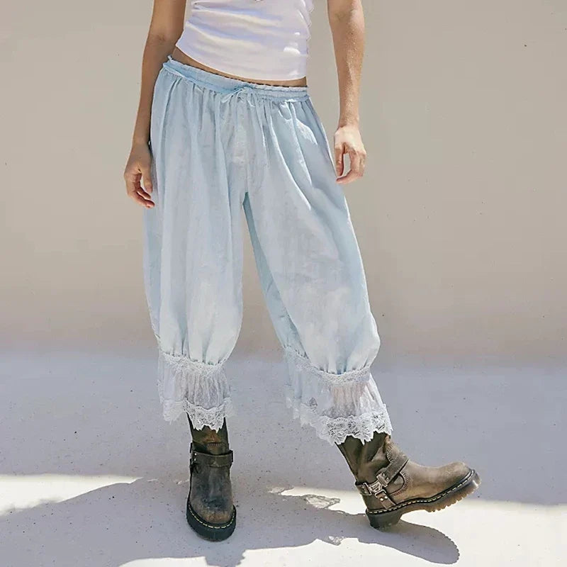 Lace-Patchwork Cropped Bloomers with Drawstring Waist